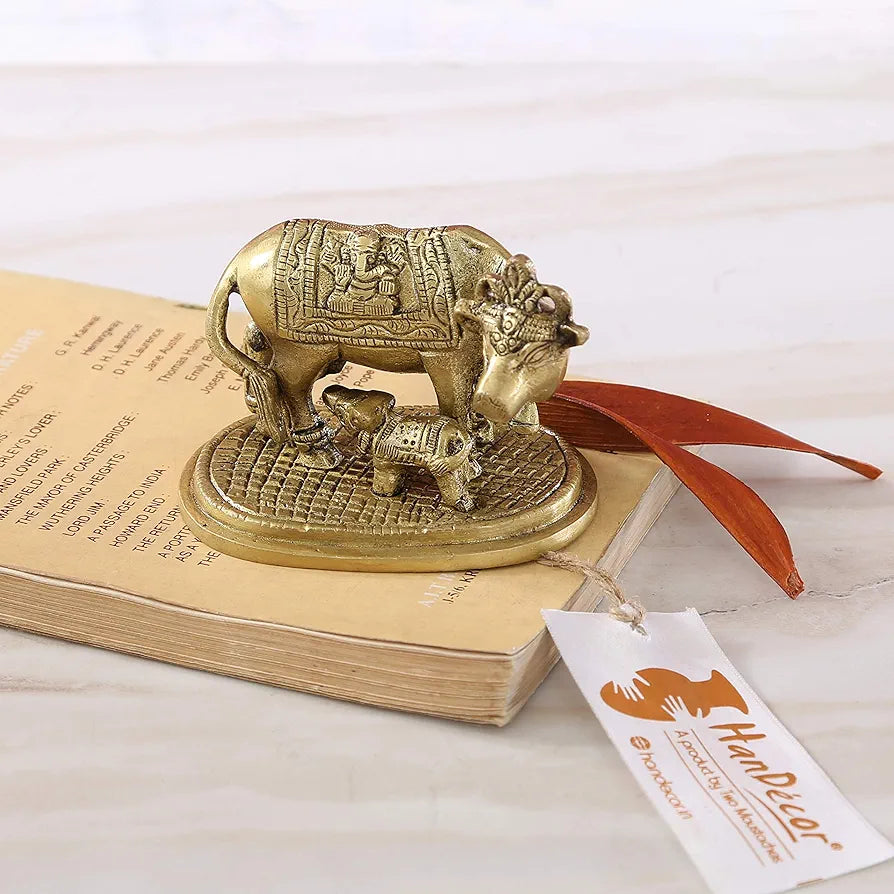 Two Moustaches Brass Holy Kamdhenu Cow and Calf Sculpture