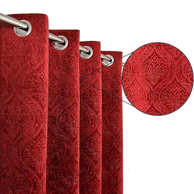 Loomlyfe Damas Heavy Soft Thick Premium Designer Room Darkening Blackout Window Curtain | 2 Pieces | 5 Feet | Maroon Red