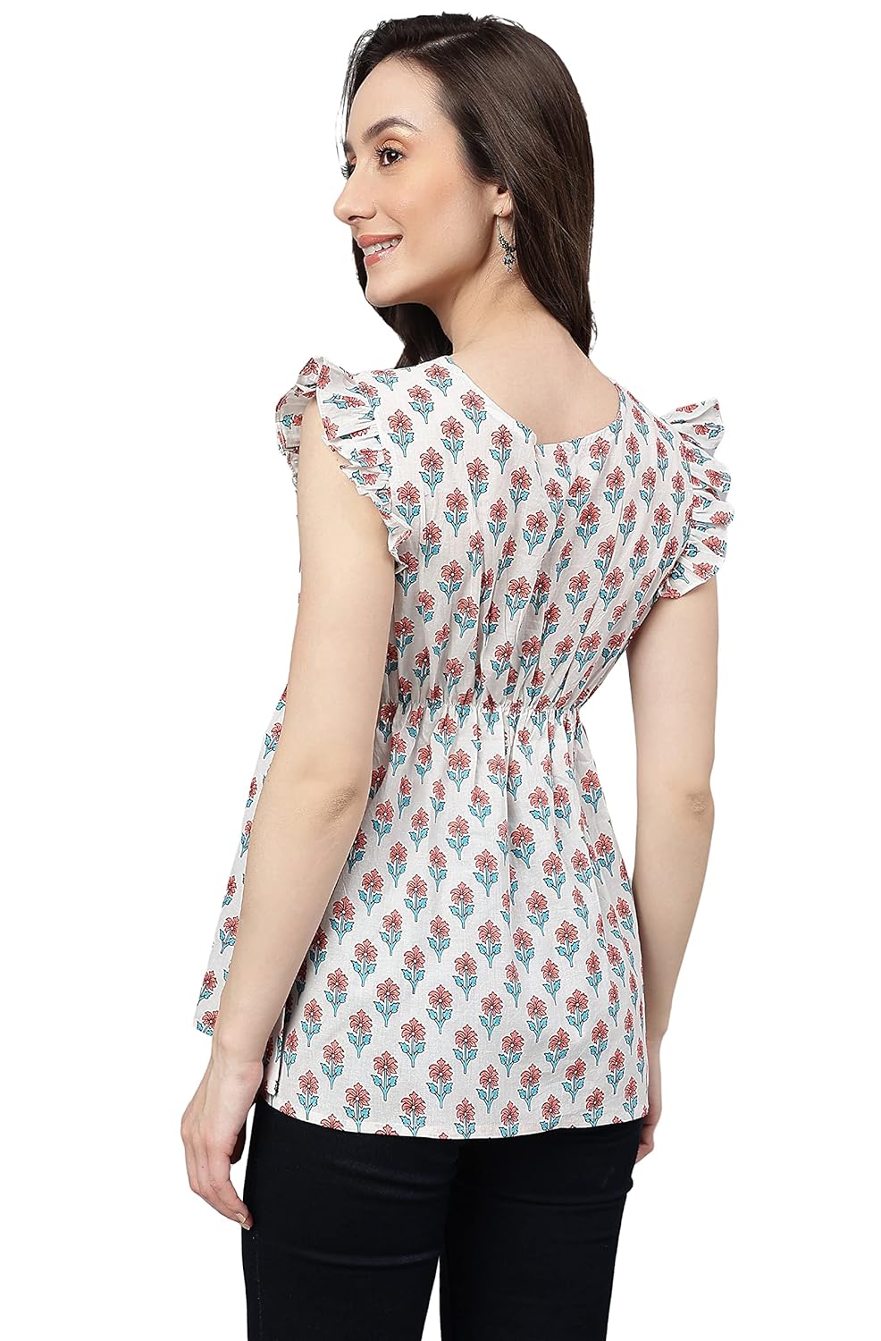 Janasya Women's White Cotton Floral Print Flared Top