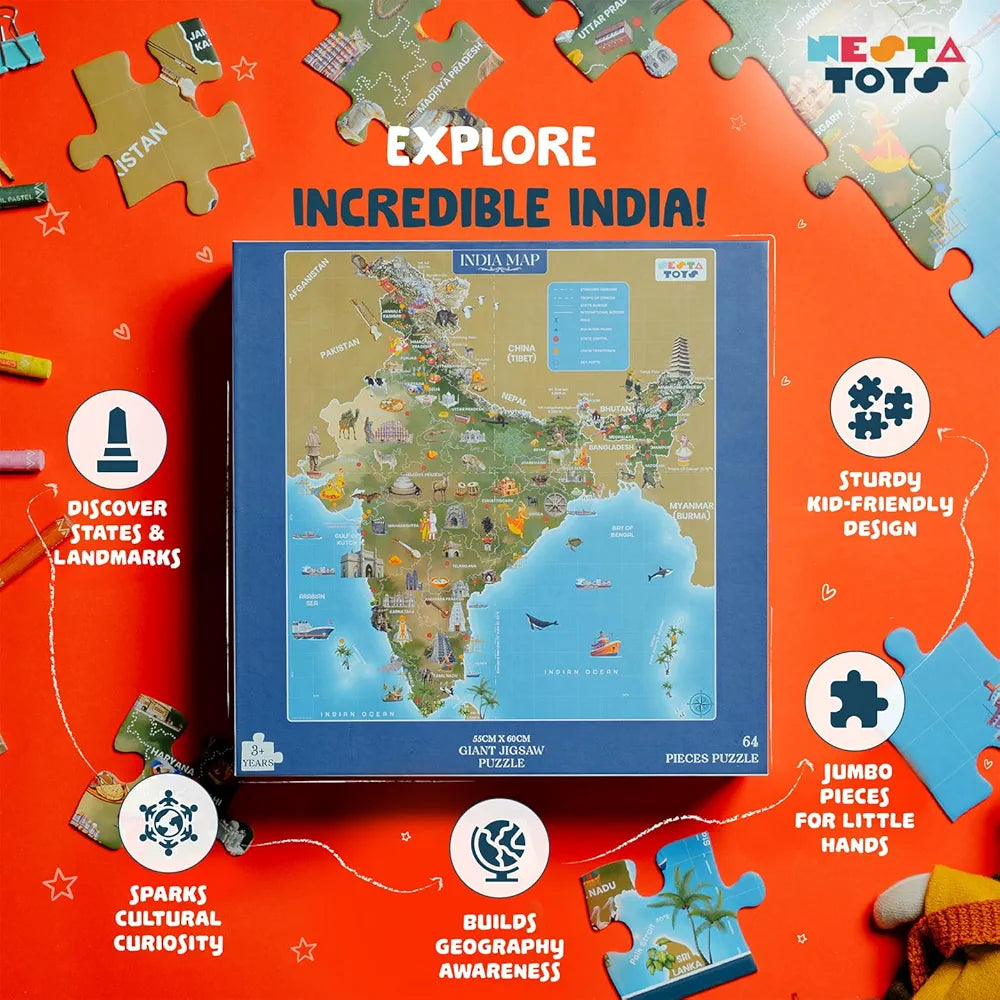 Nesta Toys Floor Puzzle & Game India Map, Jigsaw & Toddler Puzzles, Educational Toy, Gifts for Boys & Girls Ages 3, 4, 5, 6, 7 | Geography for Kids