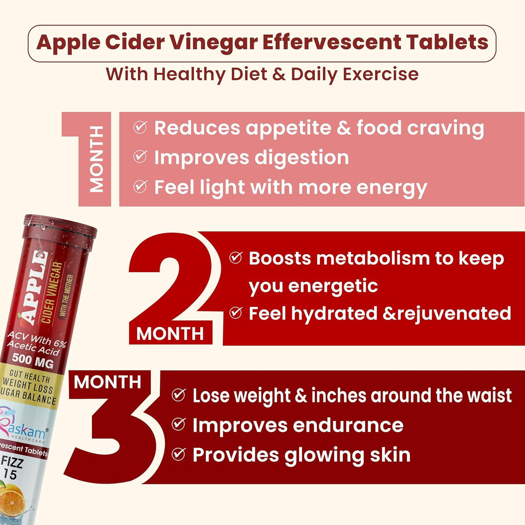 Apple Cider Vinegar 15 Effervescent Tablet 500mg (Pack of 1) Helps in Weight Management Digestion & Sugar Balance Orange Flavour 100% Vegan