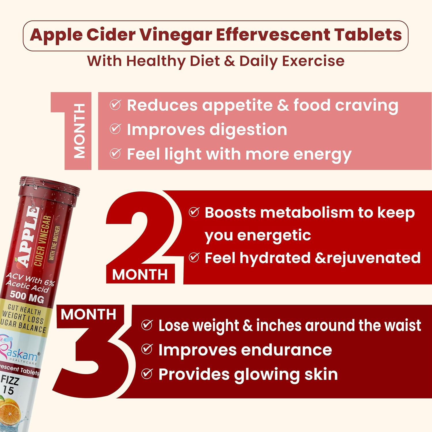 Apple Cider Vinegar 15 Effervescent Tablet 500mg (Pack of 1) Helps in Weight Management Digestion & Sugar Balance Orange Flavour 100% Vegan