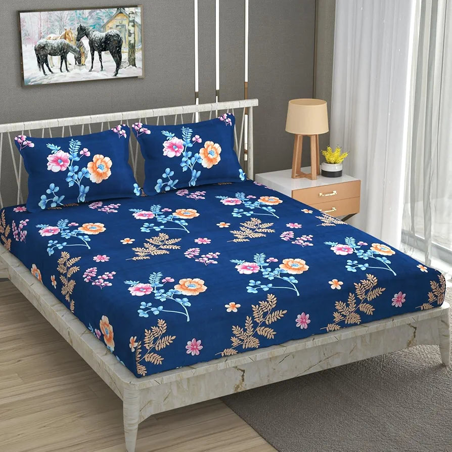 Homefab India 180 TC Microfiber Double BedSheet with 2 Pillow Covers Blue Floral