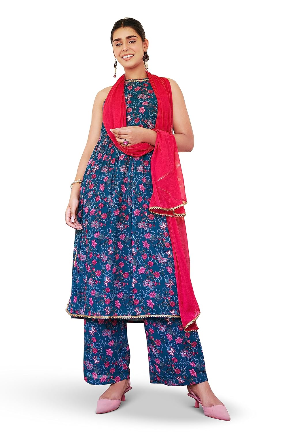 Janasya Women's Georgette Digital Floral Printed Embellished Kurta Set Blue