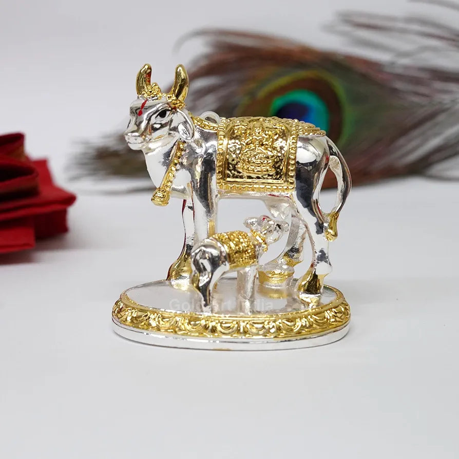 Gold Art India Kamdhenu Cow with Calf Idol Gold Silver Plated 3.3" Inch Silver