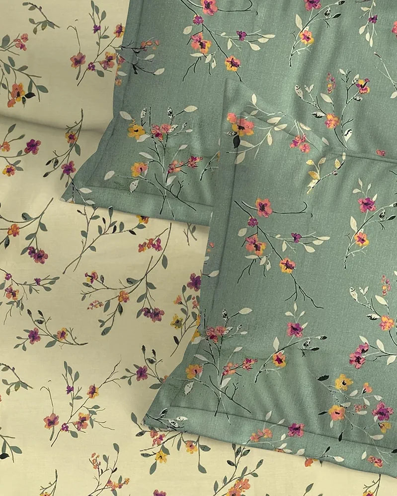 Trance Home Linen 180TC 100% Cotton 78"x72" Standard King Size Elastic Fitted Bedsheet Printed King Bed Size with 2 Pillow Covers Colour Lilly Ivory Green