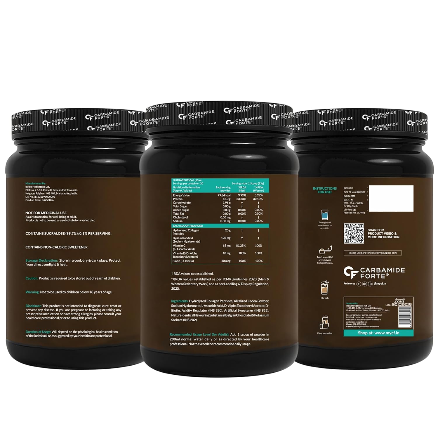 Carbamide Forte Hydrolyzed Collagen Supplements | Collagen Powder for Women & Men with 20g Peptides + 18g Protein Per Scoop | Type I & III with Hyaluronic Acid, Biotin, Vitamin C & E | Belgian Chocolate Flavour | 460g