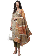 Janasya Women's Olive Green Cotton Ethnic Motifs Kurta with Pant and Dupatta