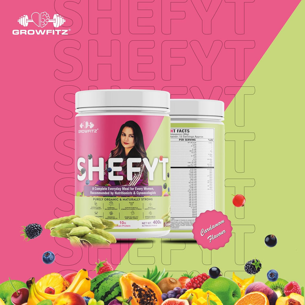 Growfitz Shefyt 100% Natural Plant Protein Rich 400g | 12g Protein | Meal Replacement Shake For Weight Control & Management | 50+ Powerful Herbs | Energy, Wellness, Immunity, Law Fat (Cardamom)