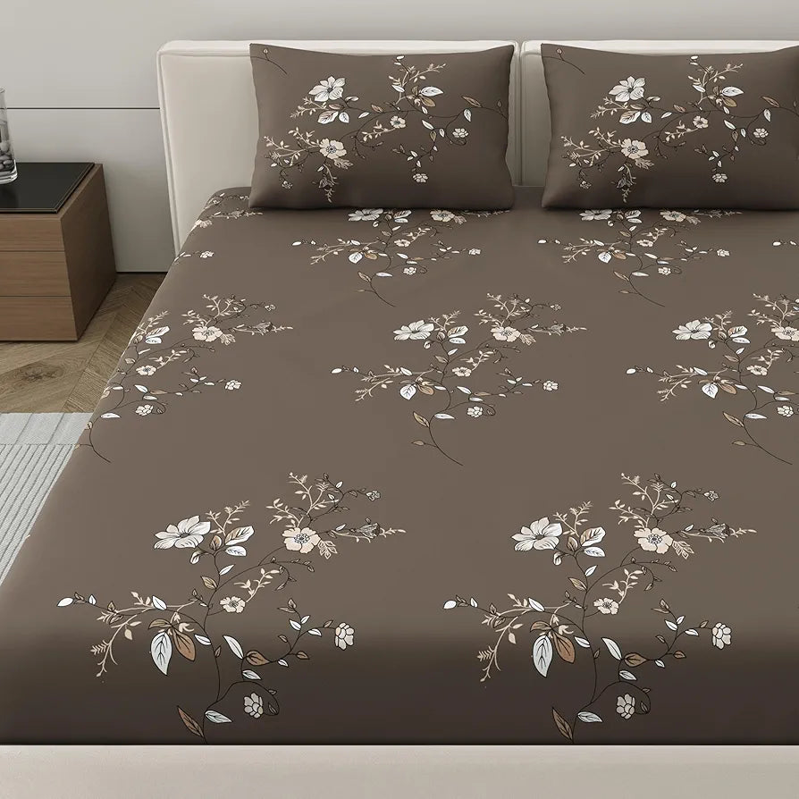 Dreamscape Microfibre Wrinkle & Fade Resistant Fitted Bedsheet for King Bed, 140TC, 1 Fitted Bed Sheet  with 2 Pillow Covers, Dk. Brown Earthy Wood