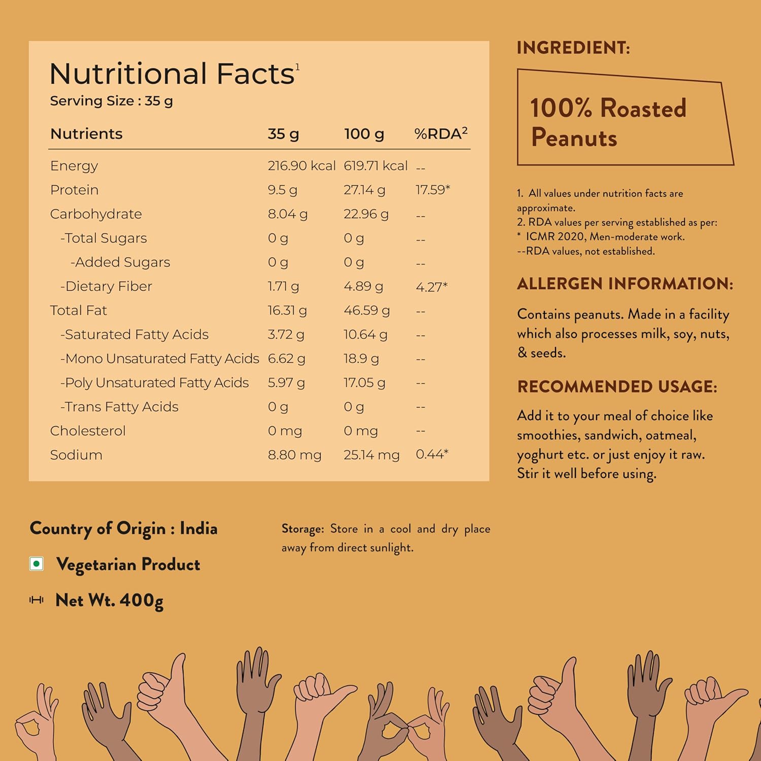 Nutrabay Foods All-Natural Peanut Butter (Creamy) - Unsweetened, 400g | 100% Roasted Peanuts, 28g Protein, Zero Cholesterol, Vegan, Gluten Free, Non GMO