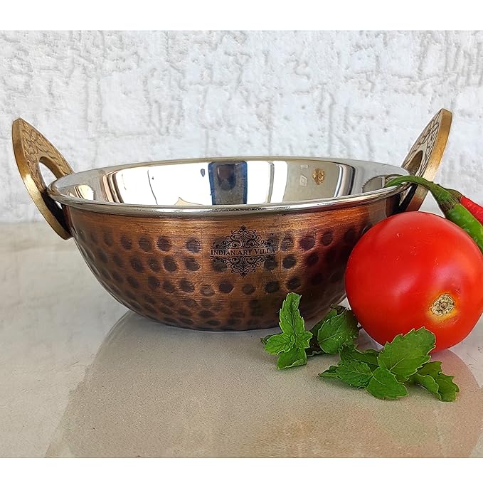 Indian Art Villa Hammered Antique Dark Finish Design Steel Copper Kadhai/Wok Each - 350 ml (Pack of 2)