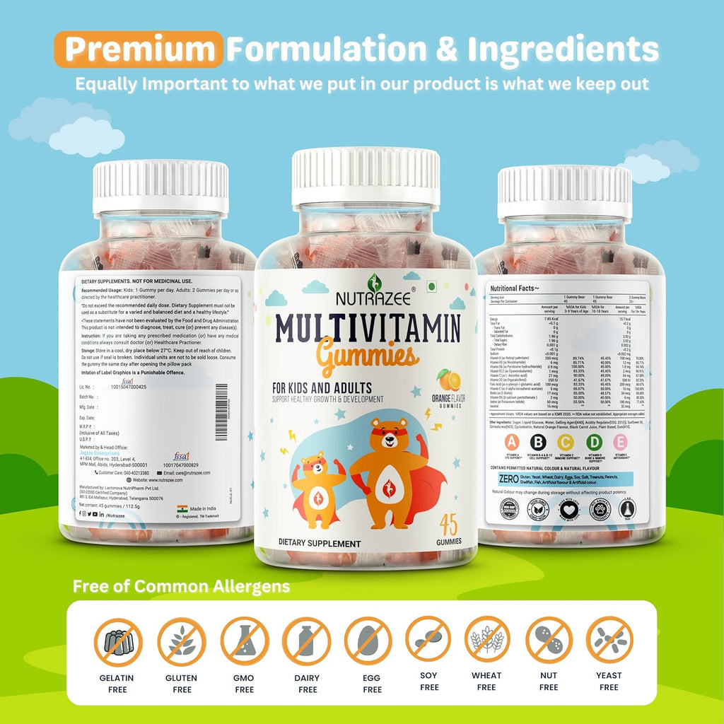 Nutrazee Multivitamin Gummies for Kids 2-6 & 7+ Years, Men & Women | Essential Vitamins With Biotin For Growth & Development| 45 Gummy Bears