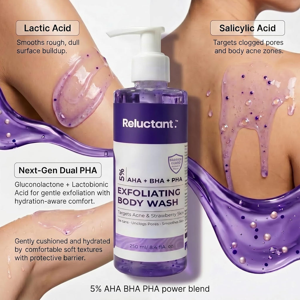 RELUCTANT 5% Dual PHA, Salicylic & Lactic Acid Barrier-Repair Detan Body Wash 250ml | Niacinamide & Gentle SCI | Hydrates, Clears Acne & Strawberry Legs, Reduces Dark Spots | Shower Gel for Women & Men | Sensitive & Normal Skin