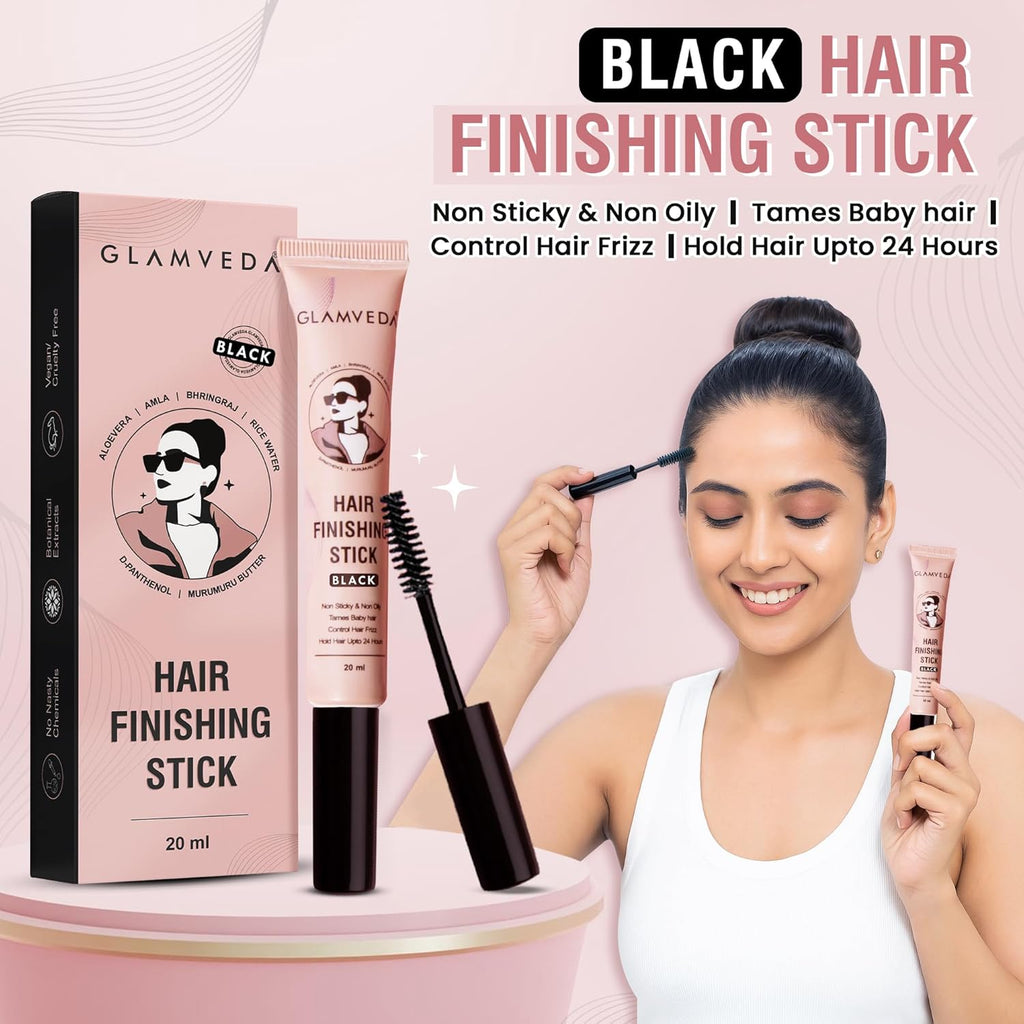 GLAMVEDA Black Hair Finishing Stick for Frizzy Hair | Anti-Frizz Hair Fix Stick for Flyaways & Baby Hair | Non-Sticky & Non-Greasy Formula | Long-Lasting Hold with Rice Water | 20ml