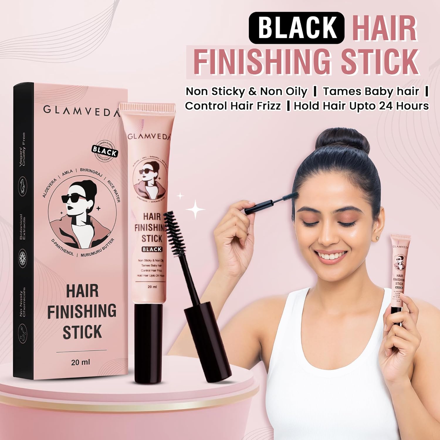 GLAMVEDA Black Hair Finishing Stick for Frizzy Hair | Anti-Frizz Hair Fix Stick for Flyaways & Baby Hair | Non-Sticky & Non-Greasy Formula | Long-Lasting Hold with Rice Water | 20ml