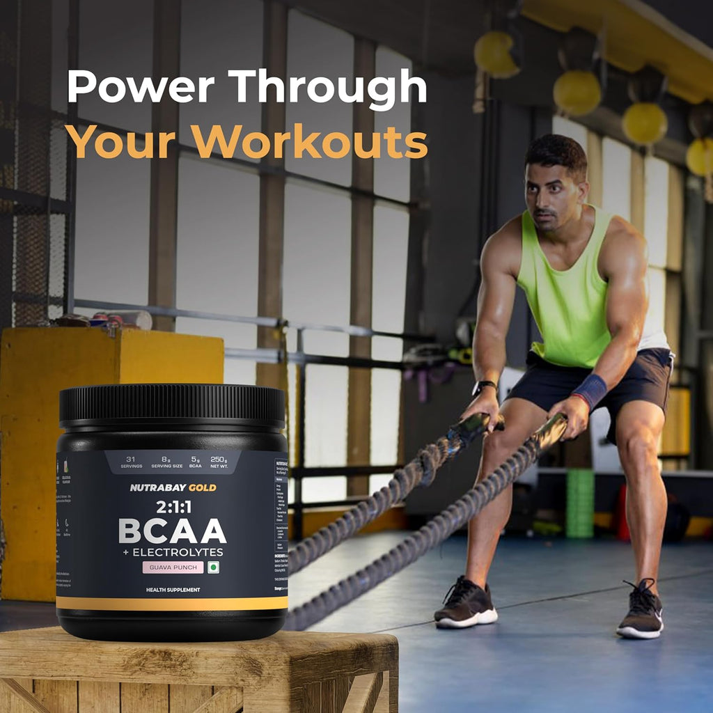 Nutrabay Gold BCAA 2:1:1 with Electrolytes 5000 mg Vegan BCAAs per Serving â€“ Pre/Post Workout Drink for Muscle Build Up & Faster Recovery - Tested for Purity - No Banned Substances â€“ 250g, Guava