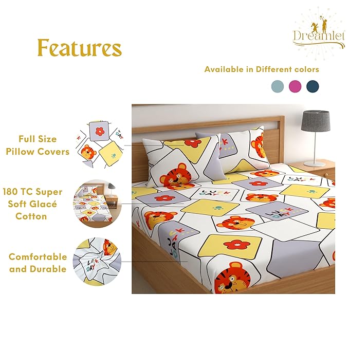 Dreamlet Prime Collections 180tc Pure Cotton Breathable Supersoft Wrinkelfree Double Flat Bedsheet With 2 King Size Pillow Covers | White & Yellow