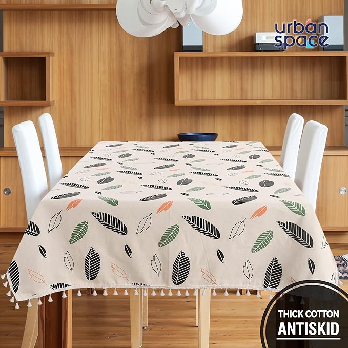 Urban Space Cotton Dining Table Cover 6 Seater, Printed Cotton Table Cloth Colour Feathers Green