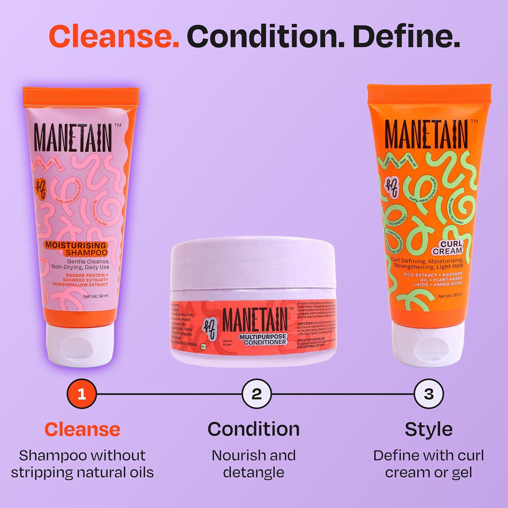 MANETAIN Moisturising Shampoo 50ml for Curly, Dry & Frizzy Hair | Sulphate & Paraben Free | Hydrates & Strengthens with Baobab Protein, Seaweed & Marshmallow Extract | CG-Friendly, Gentle Cleanser for Soft, Defined Curls