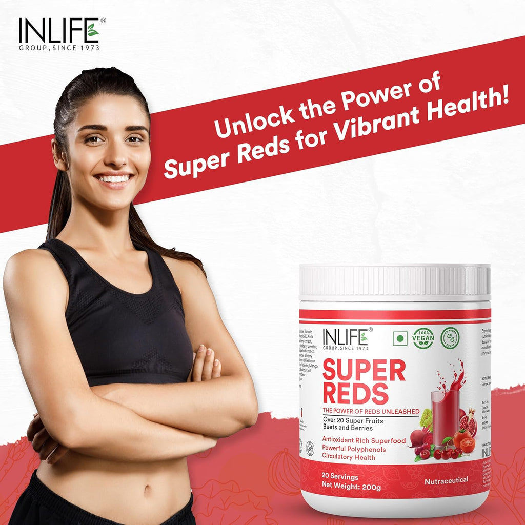 INLIFE Super Reds Powder | Antioxidant-Rich Superfood Supplement Drink Mix | 20 Super Fruits, Beets & Berries | Energize with Powerful Antioxidants Supports Energy 200g (Super Reds)