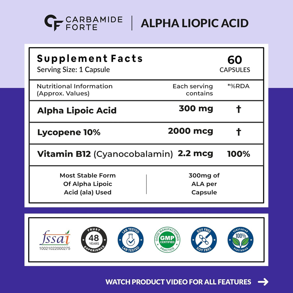 Carbamide Forte Alpha Lipoic Acid 300mg - ALA Capsules with Vitamin B12 & Lycopene | ALA Supplement | Supports Healthy Skin & Immunity - 60 Veg ALA Capsules