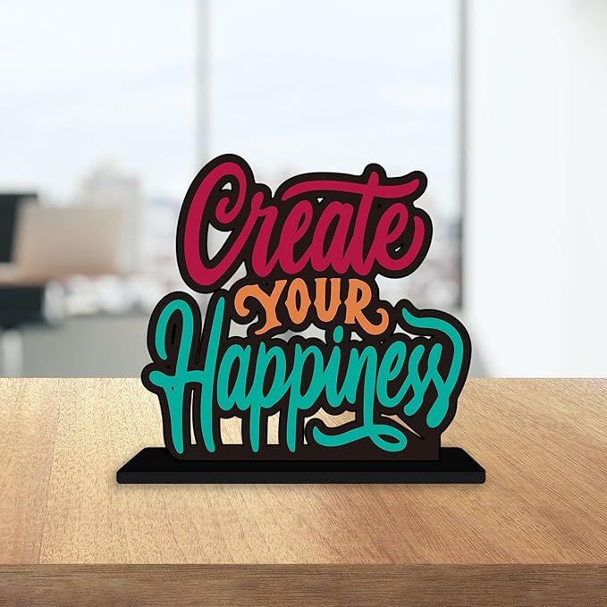 Artvibes Wooden Idols and Figurine Create Your Happiness Quotes Table Decoration for Office Desk | Home Decor Item