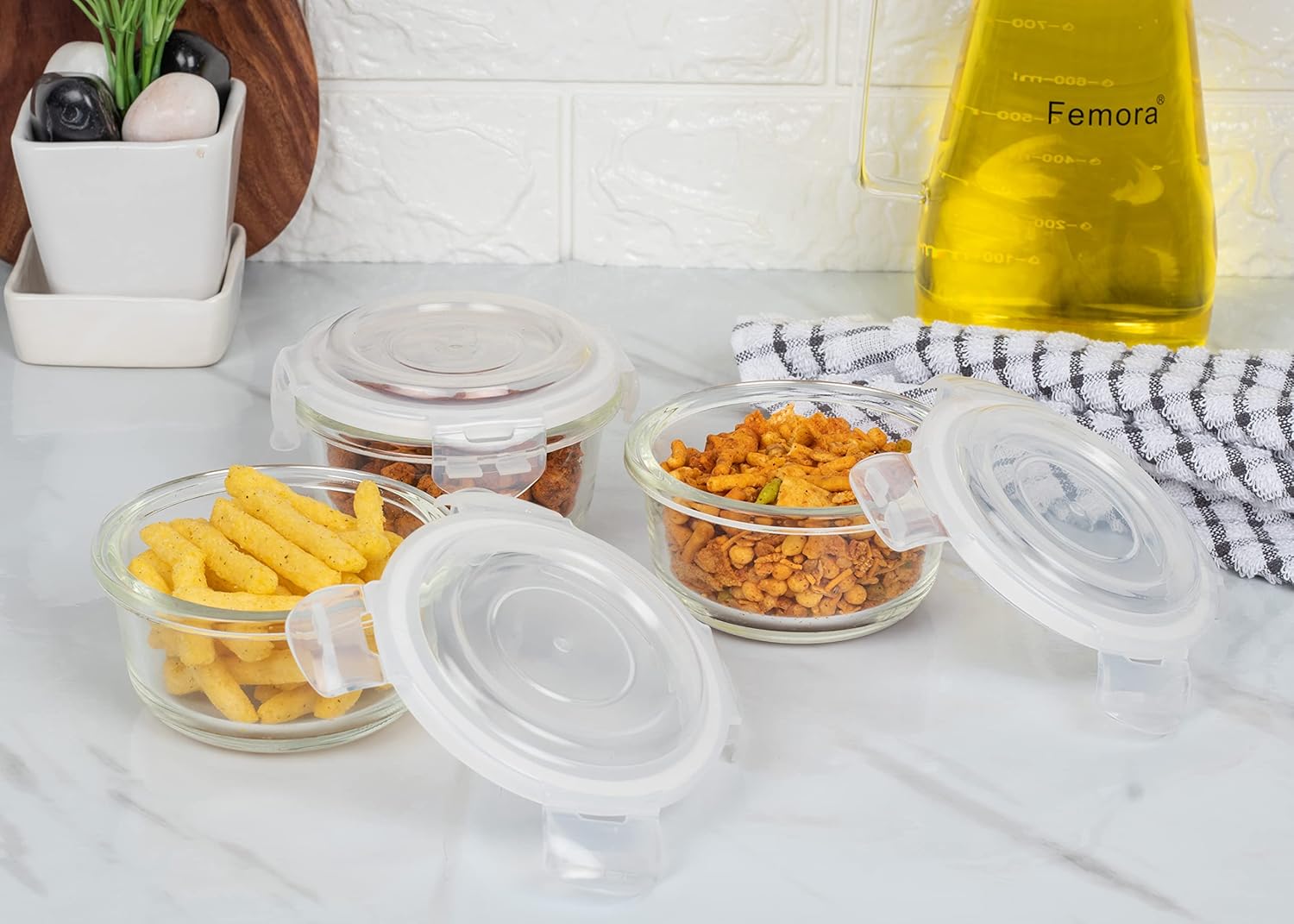 Femora Borosilicate Glass Containers for Kitchen | Storage Box for Kitchen With Air Vent Lid | Set of 3 | 240 Ml