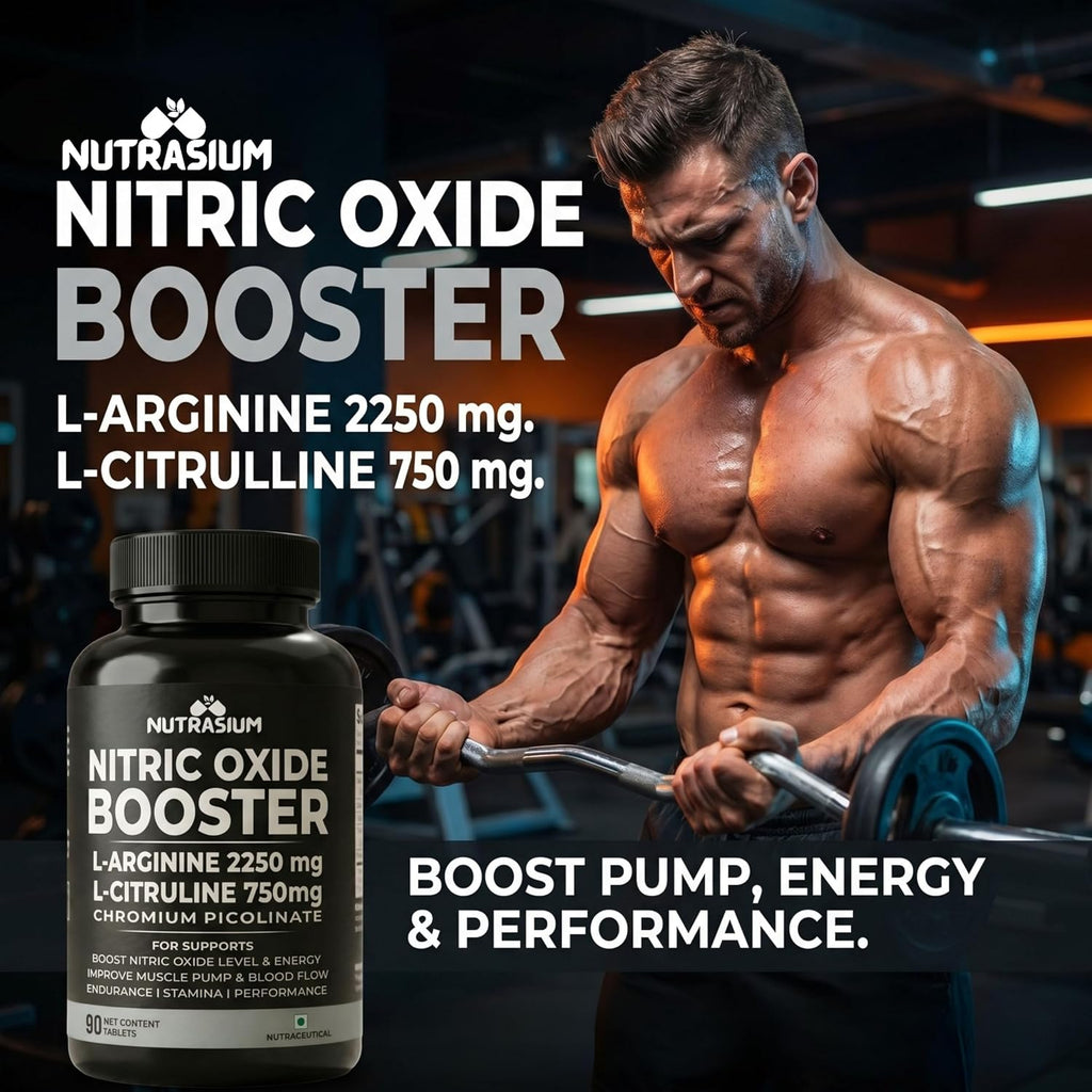 Nutrasium Nitric Oxide Supplement For Man | 2250 mg L-Arginine, 750 mg L-Citrulline with Chromium Picolinate For Supports Nitric Oxide Level, Improve Muscle Pump & Blood Flow, Boost Endurance, Stamina & Performance | 45 veg Tablets.