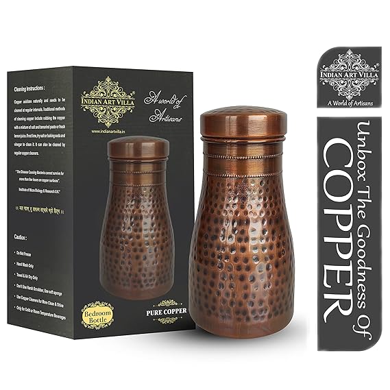 Indian Art Villa Pure Copper Bedroom Water Bottle With Inbuilt Glass Hammered Antique Design - 950 ml