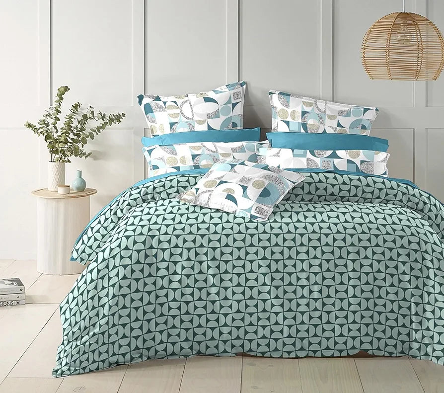 The Home Style Cotton Elastic Fitted All Around Printed King Size 400 TC Double Bed Bedsheet Wih 2 Pillow Cover Minty Waves