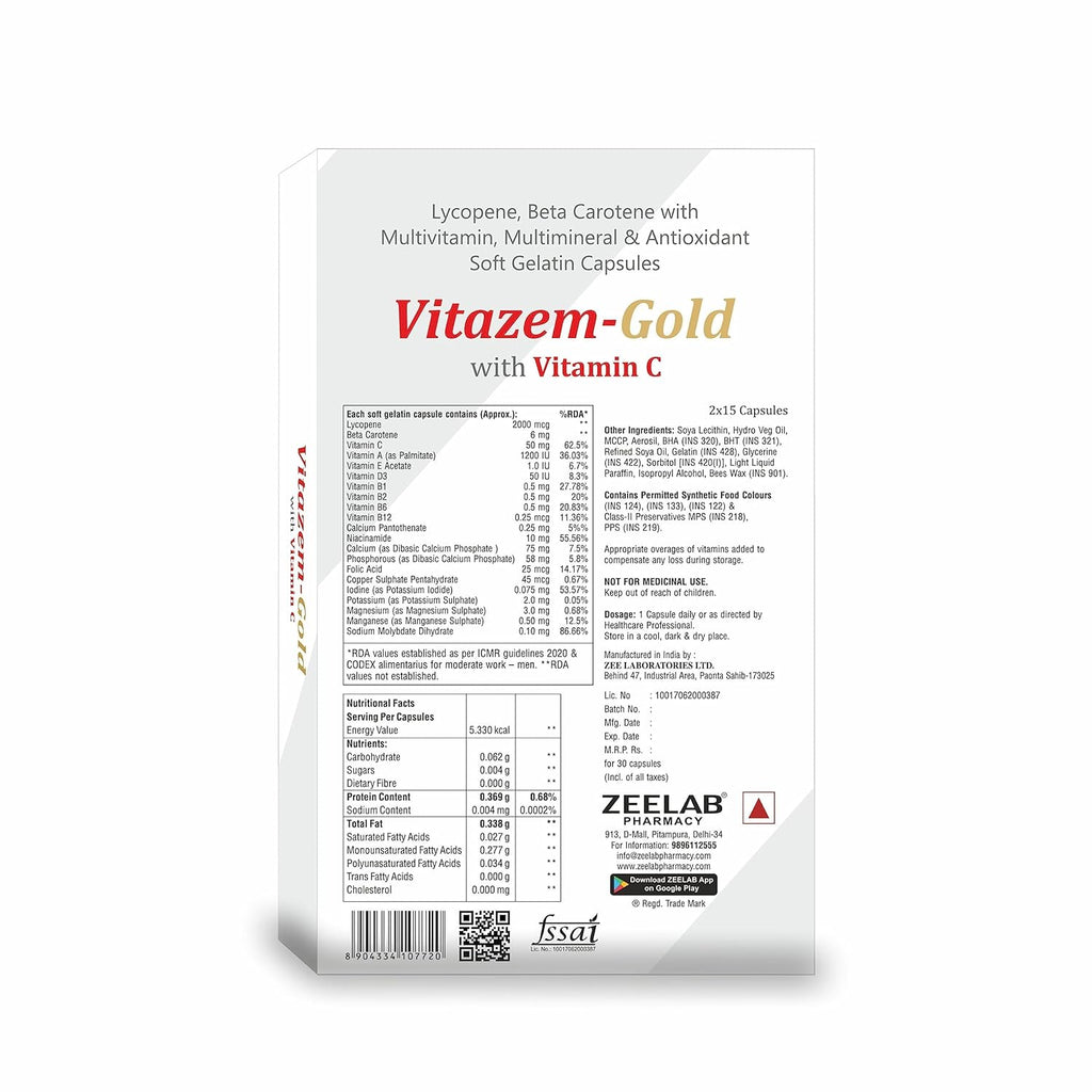 Zeelab Vitazem-Gold with Vitamin C, Multivitamin, Multimineral and Antioxidant Capsules - 30 Softgel Capsules