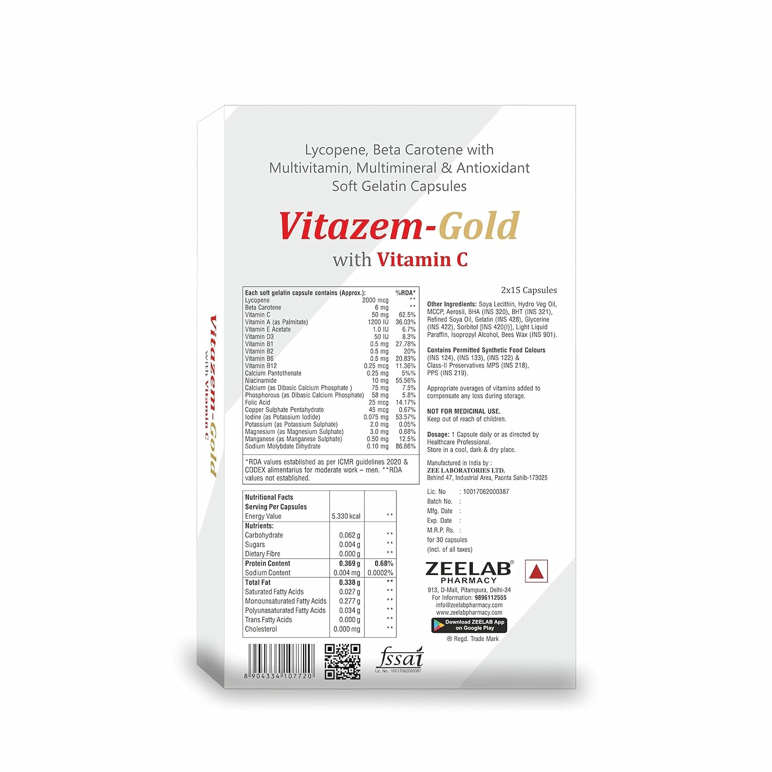 Zeelab Vitazem-Gold with Vitamin C, Multivitamin, Multimineral and Antioxidant Capsules - 30 Softgel Capsules