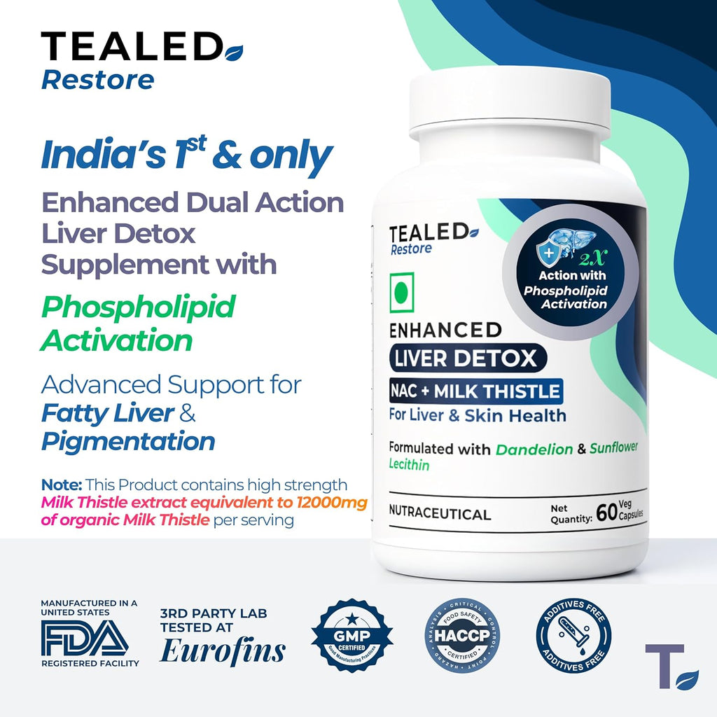 Tealed Restore Liver Detox Supplement | NAC 900mg + Milk Thistle 12000mg Equivalent | Phospholipid Activation for 2X Absorption | Fatty Liver, Skin Pigmentation & Liver Cleanse Support | 60 Veg Capsules | Additives Free | Lab Tested