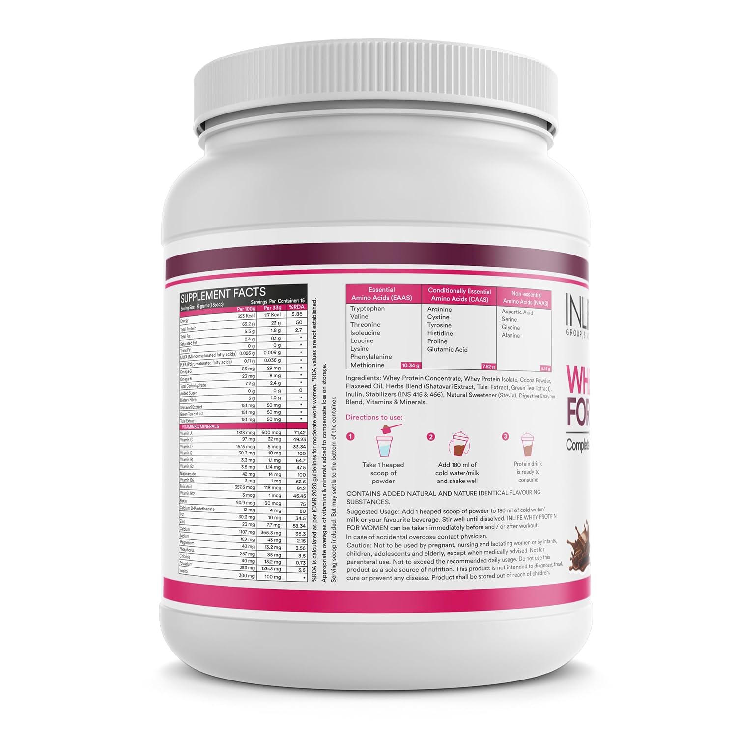 INLIFE Whey Protein Powder for Women | Ayurvedic Herbs, 23g Protein, 21 Vitamins Minerals, Omega 3 6, Digestive Enzymes, Hair Skin Nails 500g (500g, Chocolate)