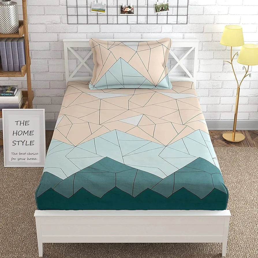 The Home Style Cotton Feel Glace Cotton Elastic Single Bed Bedsheet With 1 Pillow Cover 300 tc Pastel Green
