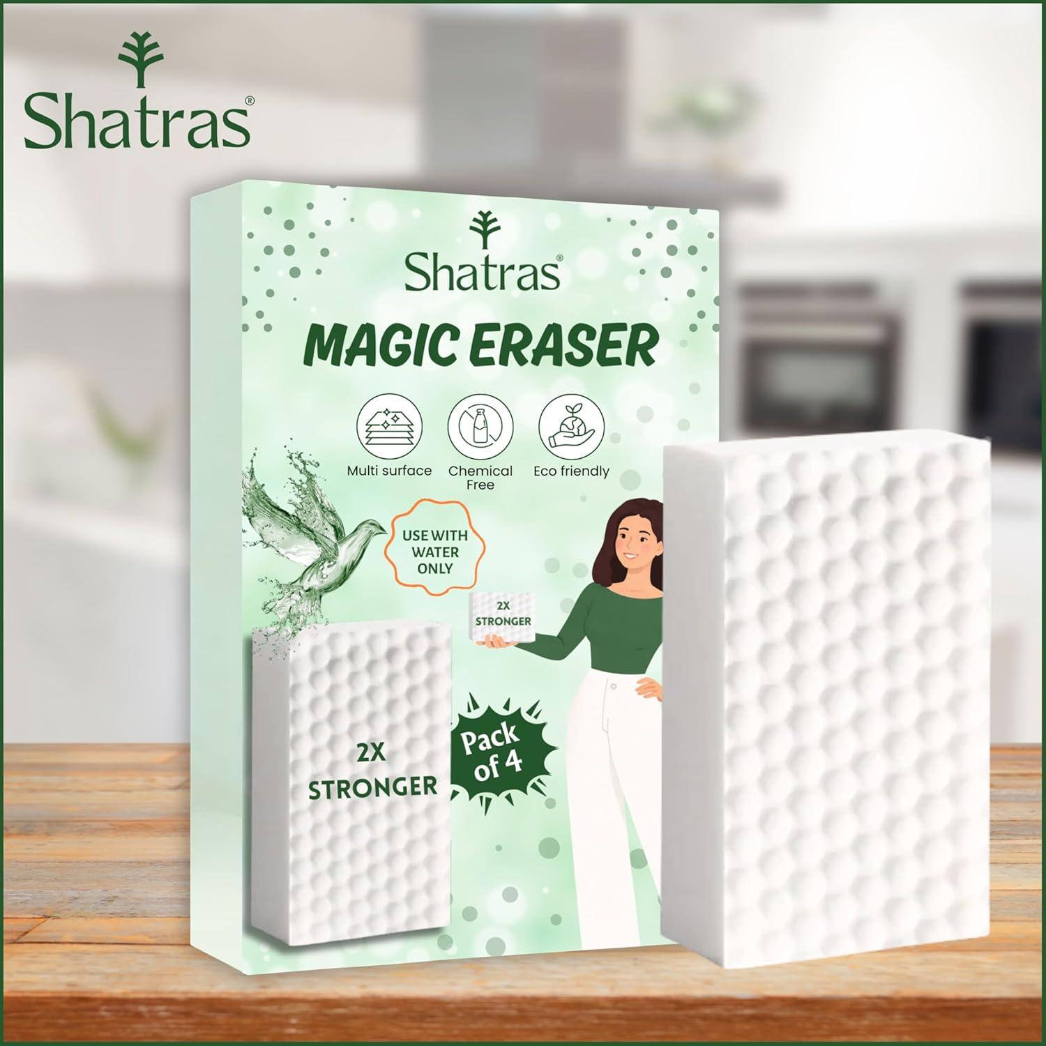 Shatras Magic Eraser Cleaning Sponge – Multipurpose Melamine Foam Stain Remover Foam for Walls, Kitchen, Bathroom, Tiles & Shoes | Just Add Water Stain Remover (Pack of-4)