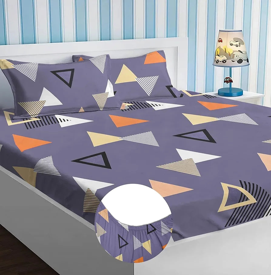 Homekart Premium Cotton Elastic Fitted Bedsheets with 2 King Size Pillow Covers Double Bed Abstract Blue and Orange 200 tc 220 tc