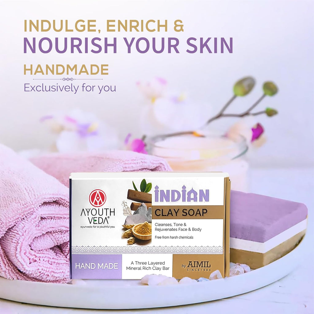 Ayouthveda Handmade Indian Clay Soap | Nourishes Protectes & Hydrates Skin | A Three Layered Mineral Rich Clay Bar| Daily use Bar for Both Men & Women (Pack Of 1-110g)