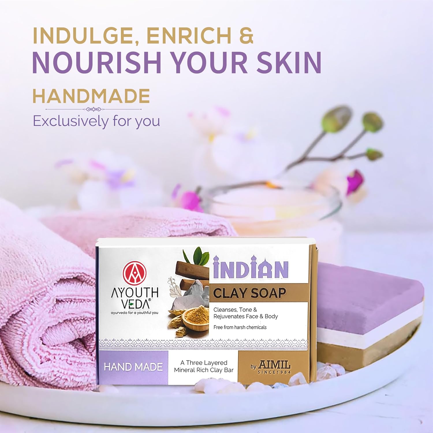 Ayouthveda Handmade Indian Clay Soap | Nourishes Protectes & Hydrates Skin | A Three Layered Mineral Rich Clay Bar| Daily use Bar for Both Men & Women (Pack Of 1-110g)