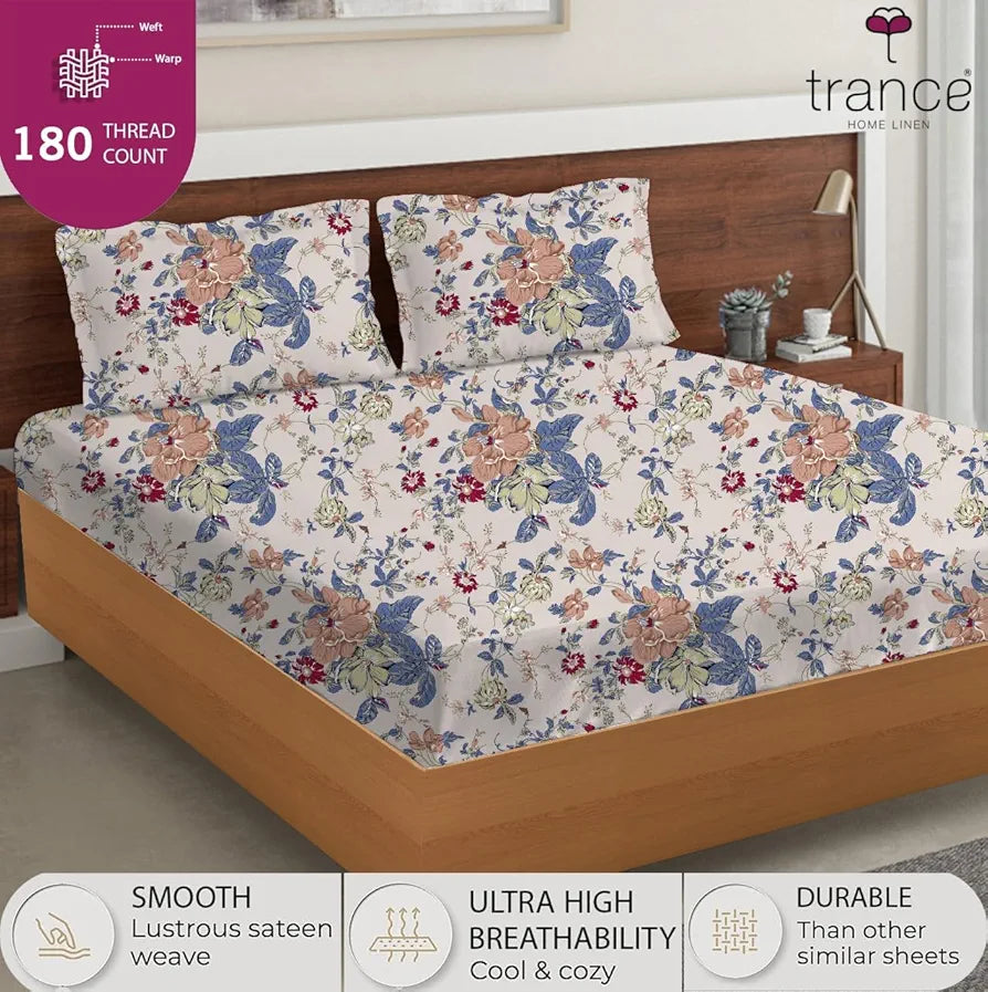 Trance Home Linen Skin Friendly 100% Cotton Printed Fitted Bedsheet for Queen Size Bed with 2 Pillow Cover Premium 180TC Colour Spring Foliage