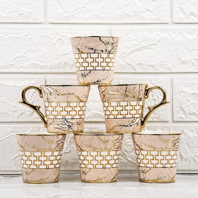 Femora Indian Ceramic Pink Gold Line Tea Cup | 6 Pieces | 155 Ml | Not Microwave Safe