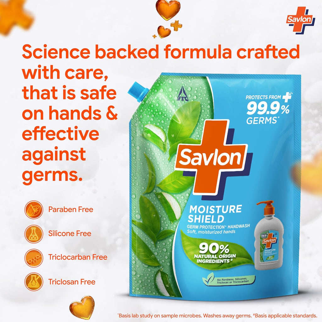 ITC Savlon Moisture Shield Germ Protection Liquid Handwash Refill Pack 1.3L | 99.9% Germ Protection | 90% Natural Origin Ingredients | Family Size Refill Hand wash | Value Pack