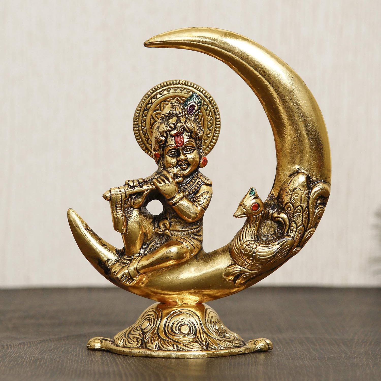 Ecraftindia Golden Metal Handcrafted Lord Krishna Idol Playing Flute and Sitting on Half Moon Decorative Showpiece for Home Decor