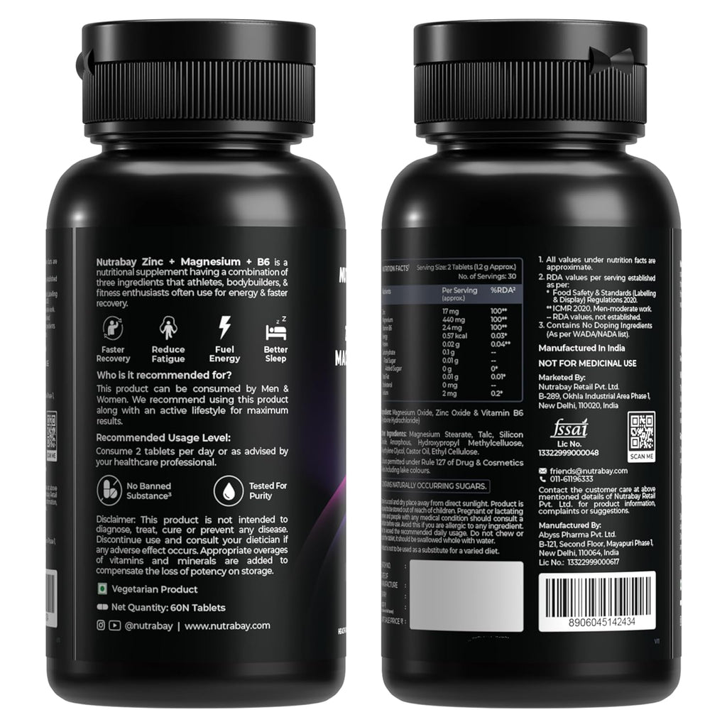 Nutrabay Pro Zinc Magnesium (ZMA) with 100% RDA Zinc, Magnesium Aspartate & Vitamin B6 â€“ Muscle Strength, Recovery, Better Sleep & Anxiety Relief â€“ 60 Veg Tablets | Tested for Purity