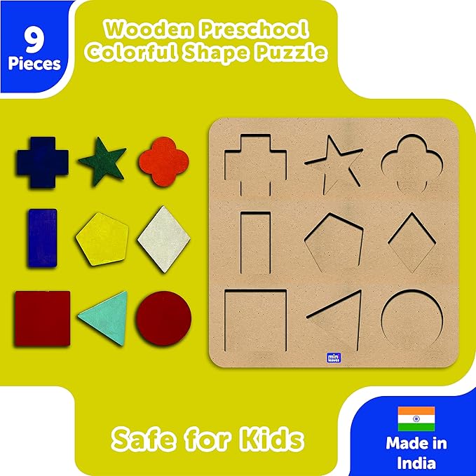 Mini Leaves Wooden Shapes Chunky Puzzle | 2+ Years | Learning Puzzle for Shapes and Color 9 Pieces
