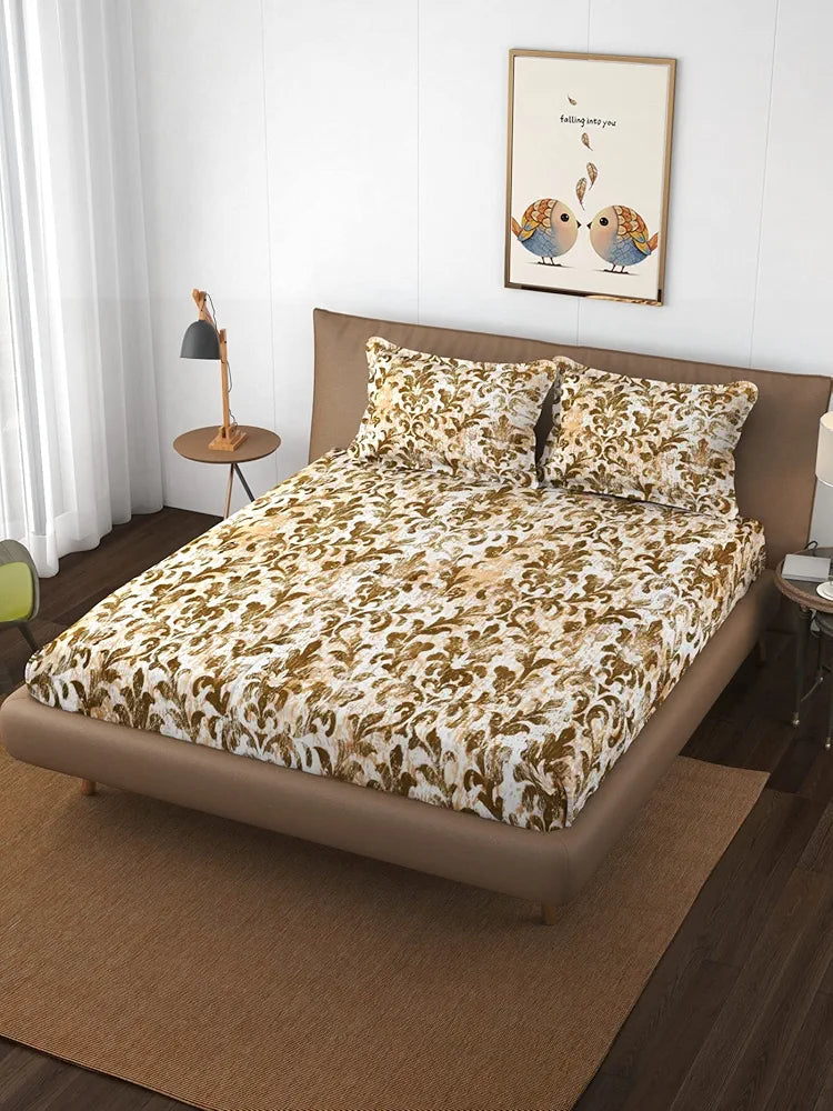 Trance Home Linen 250TC Premium 100% Cotton Printed Queen Size Fitted Bedsheet with 2 Pillow Covers Colour Royal Brown