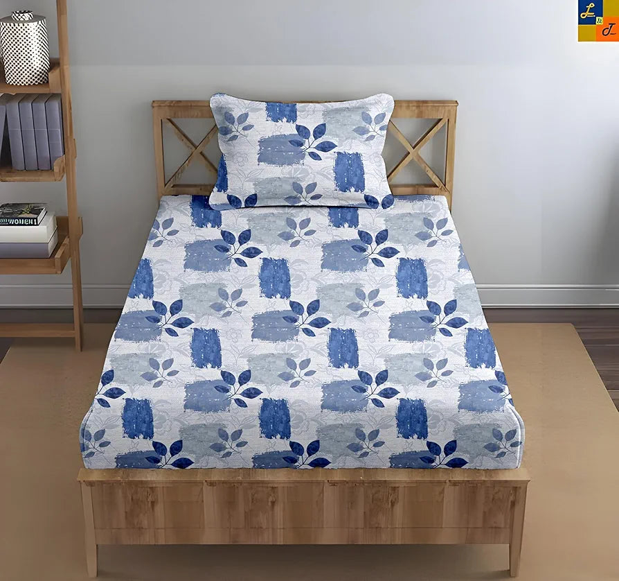 Trance Home Linen 100% Cotton 144Tc Elastic Fitted Bedsheet Printed Single Bed Size Bedspread with 1 Pillow Cover Colour Blue Beech
