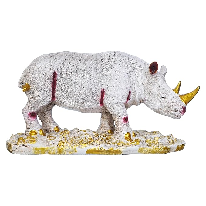 Ecraftindia White Polyresin Rhinoceros Statue With Golden Horns Animal Figurine