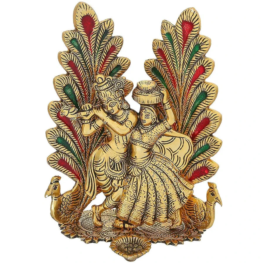 Chhariya Crafts Metal Radha Krishna Idol Statue With Diya Peacock Design Decorative Showpiece